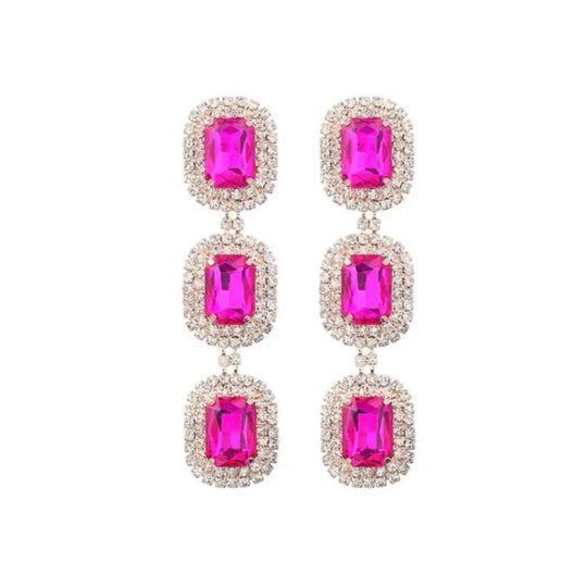 Penelope pink triple-drop earrings with pavé rhinestones – bold statement jewelry