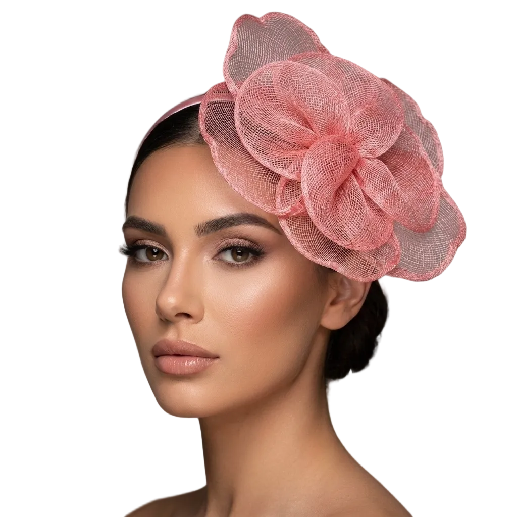 Woman wearing a pink floral headpiece against a neutral background