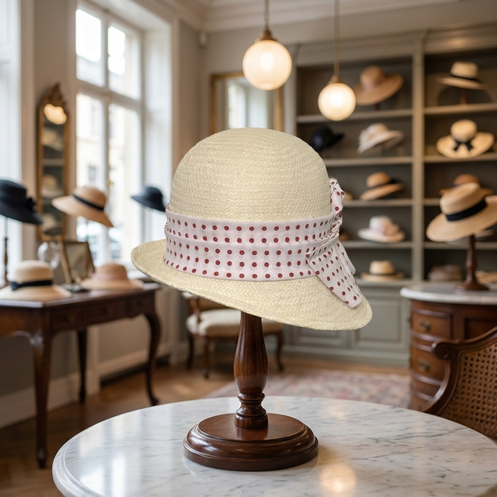 Beige hat with a red polka dot ribbon on a wooden stand in a hat shop.