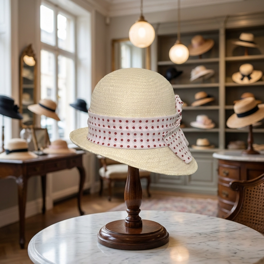 Beige hat with a red polka dot ribbon on a wooden stand in a hat shop.