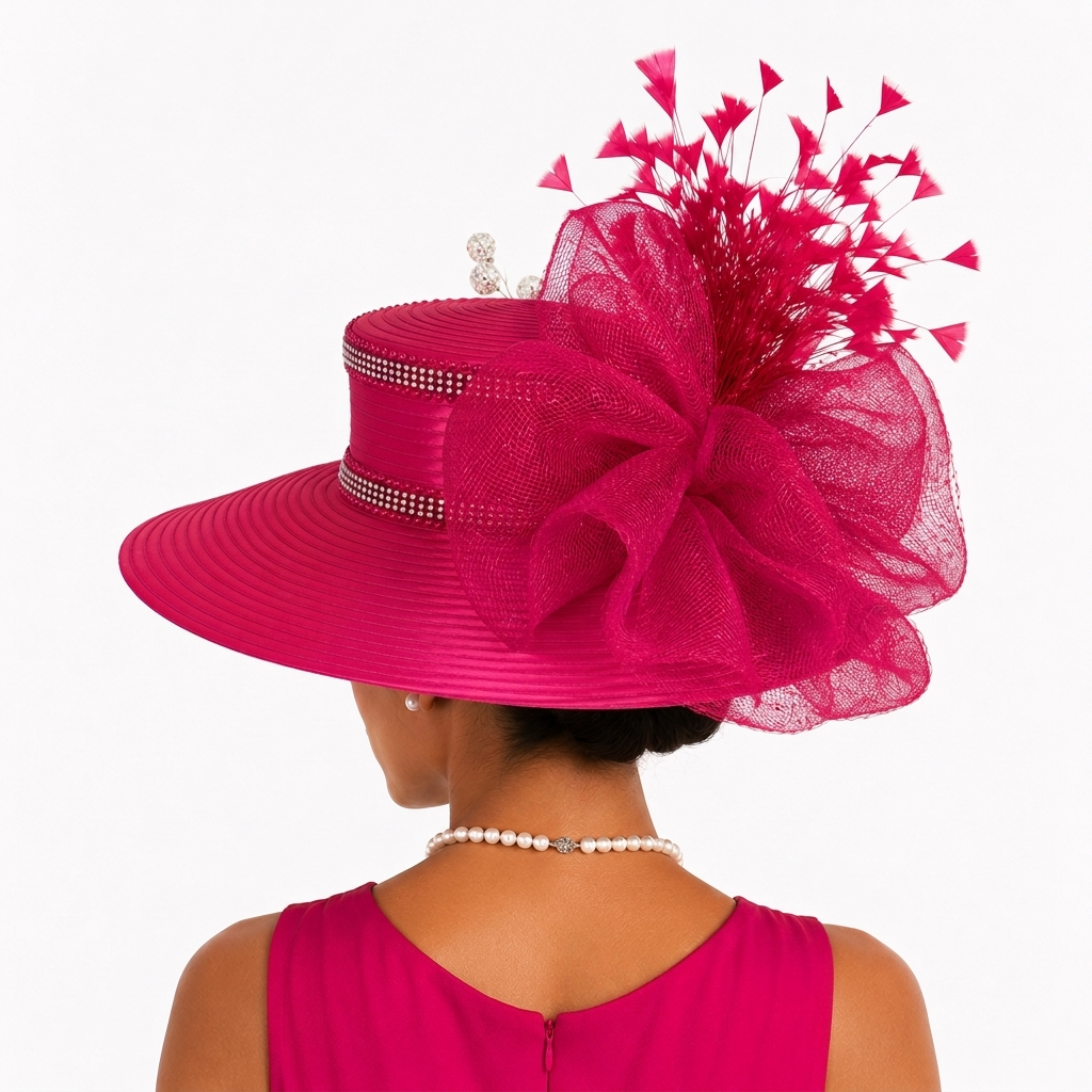 Satin Sailor Hat with Mesh Crinoline Bow - Fuchsia