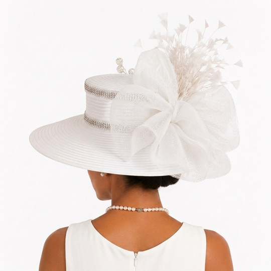 Satin Sailor Hat with Mesh Crinoline Bow - White