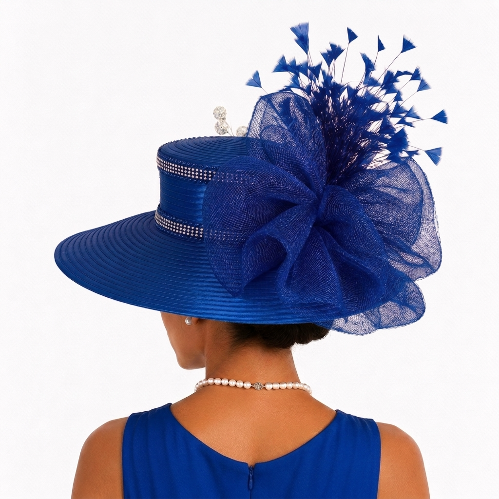 Satin Sailor Hat with Mesh Crinoline Bow - Royal