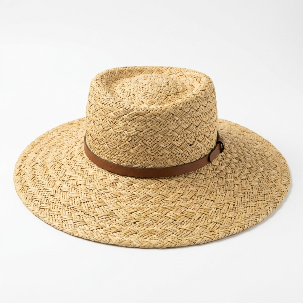 Straw hat with a brown band on a white background