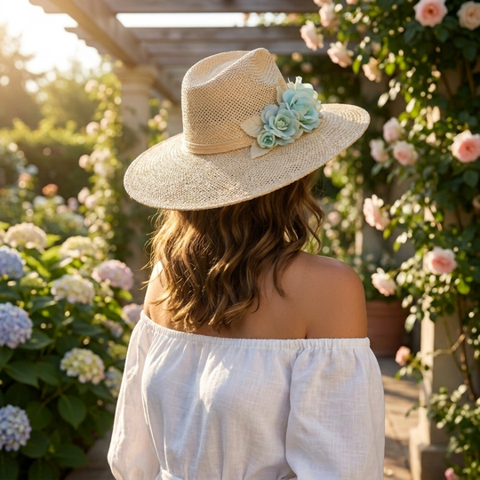 Garden Grace Straw Hat – Natural/Aqua