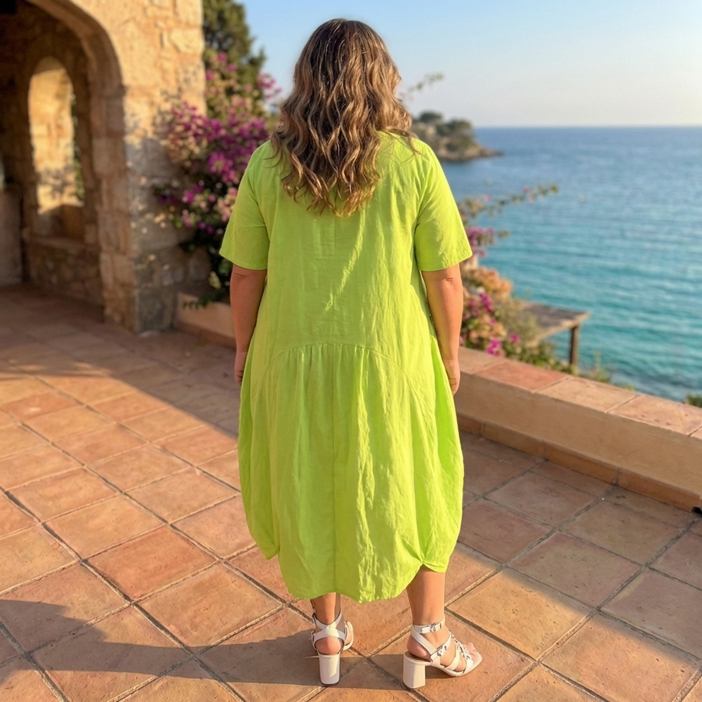 Lime Green Puff Hem Cotton Dress Sculpted Silhouette | Le Diva Boutique apple Green / 1XL Lime Green Puff Hem Cotton Dress Sculpted Silhouette | Le Diva Boutique apple Green / 1XL