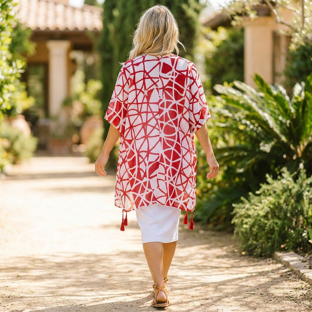 Geometric Print Open-Front Kimono Wrap with Tassel Accents – Red White