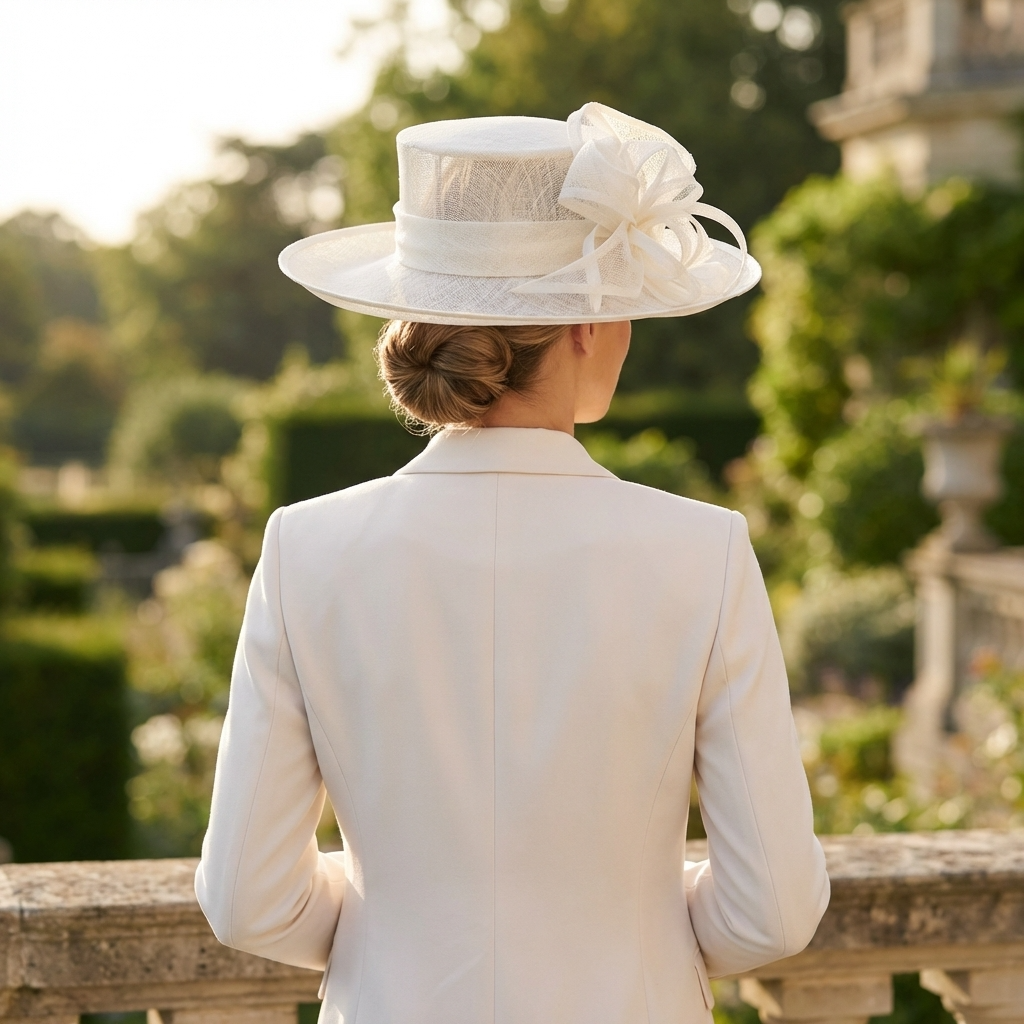Woman in a white suit and hat standing in a garden