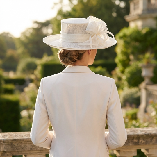 Woman in a white suit and hat standing in a garden