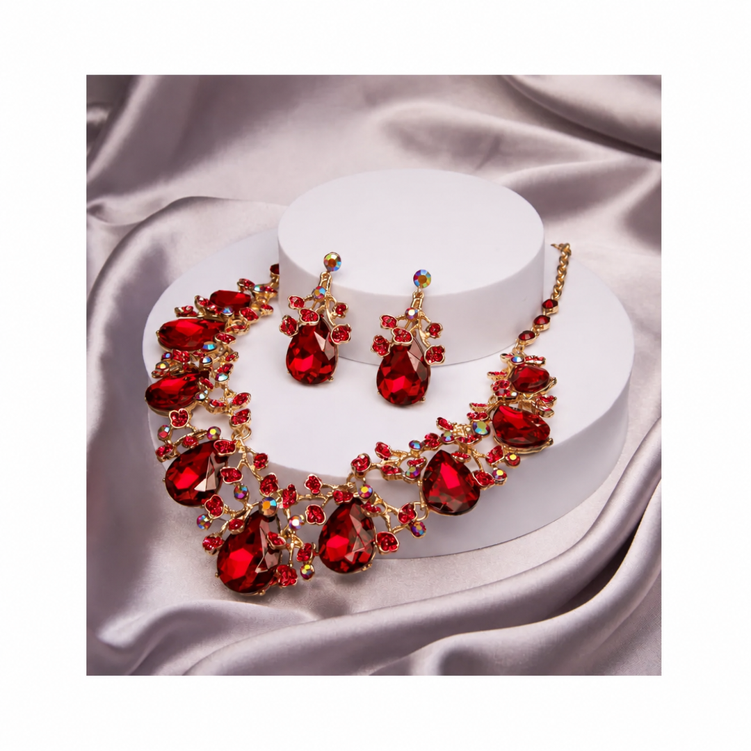 Conjunto de collar de cristal tallado en forma de lágrima con adornos de diamantes de imitación: iridiscente