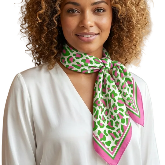 Woman wearing a green and pink patterned scarf in a kitchen setting