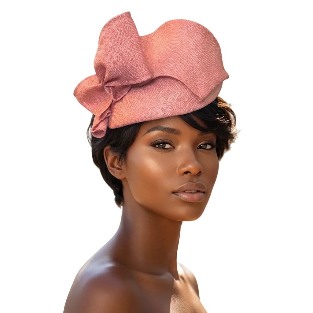 Salmon pink sinamay pillbox fascinator with sculptural bow detail.