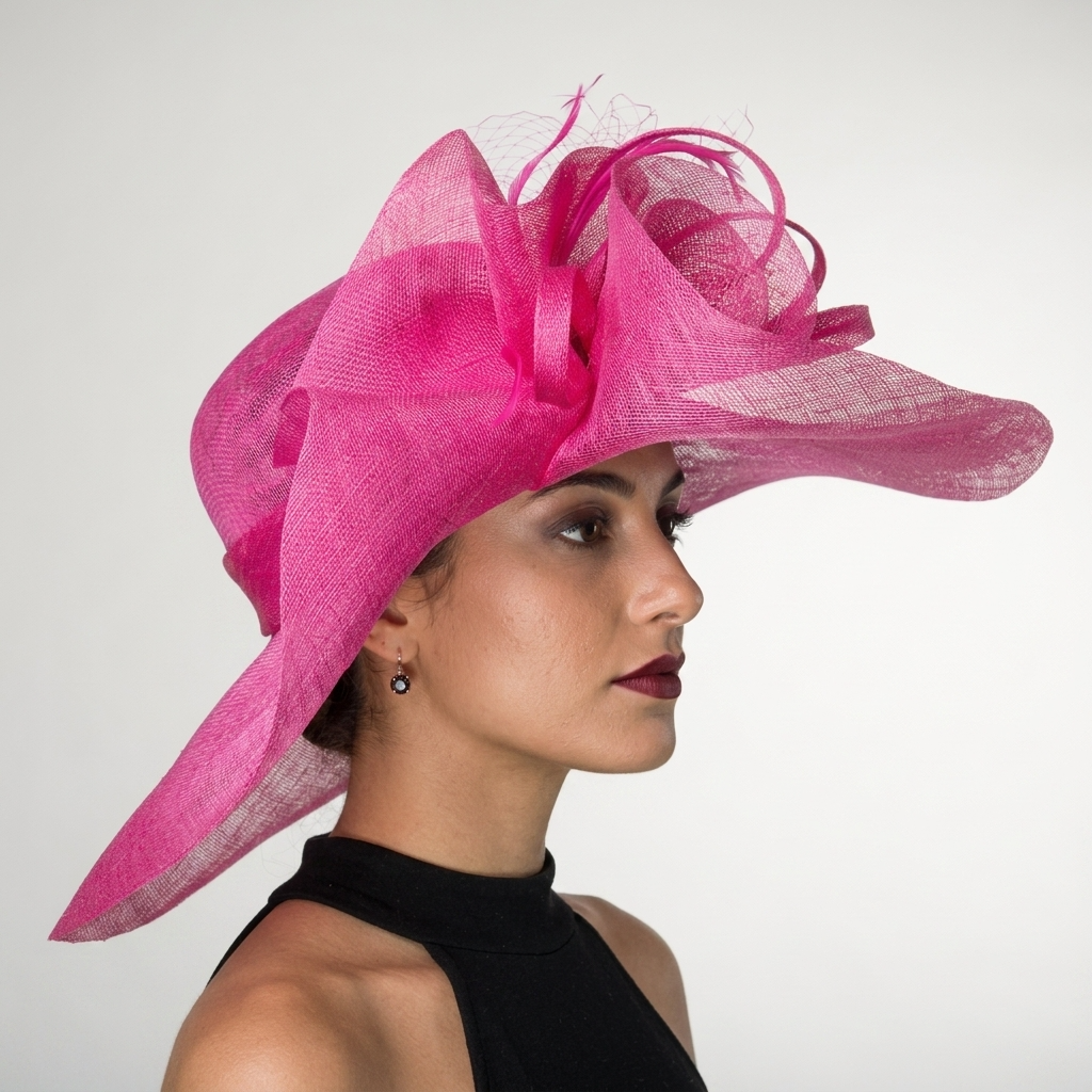 Fuchsia Wide Brim Sinamay Hat with Floral Loop