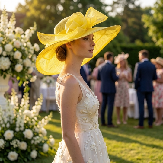 Yellow Sinamay Wide Brim Hat with Abstract Bow