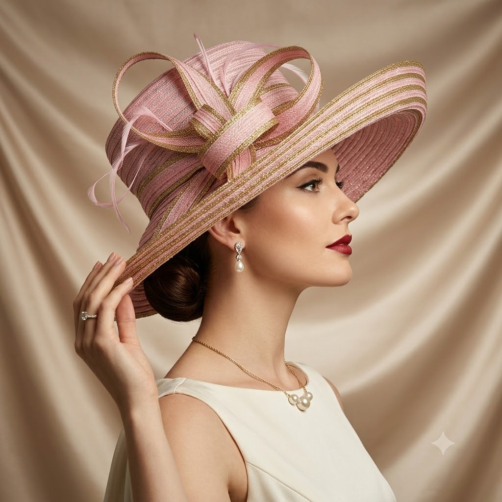 Pink and Gold Wide Brim Hat with Bow Detail