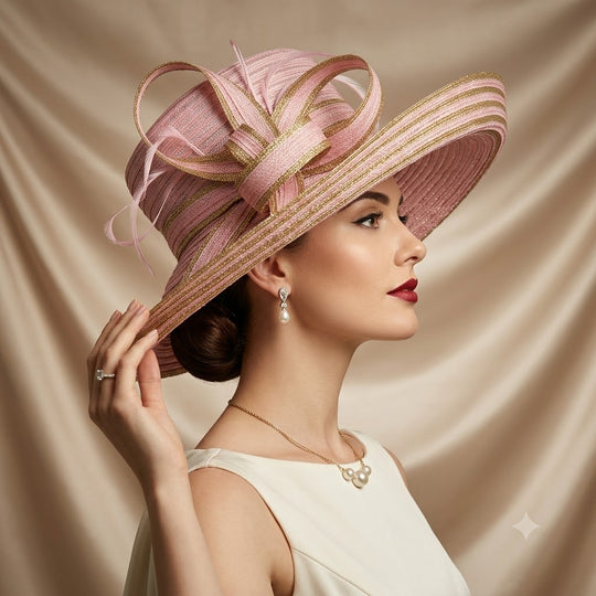 Pink and Gold Wide Brim Hat with Bow Detail