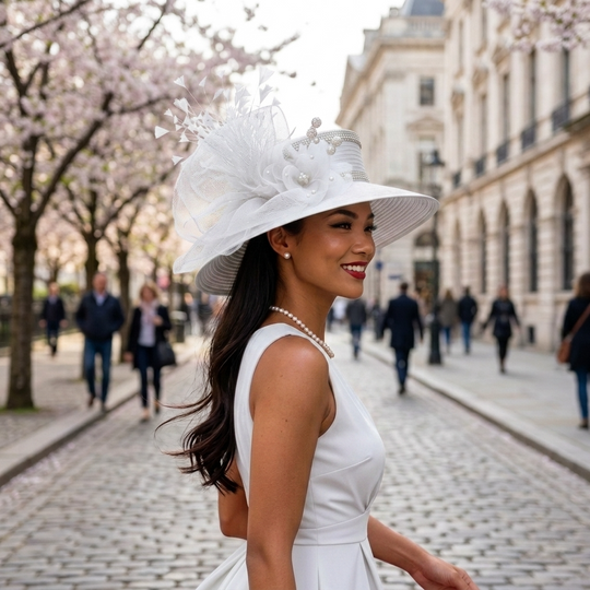 Satin Sailor Hat with Mesh Crinoline Bow - White