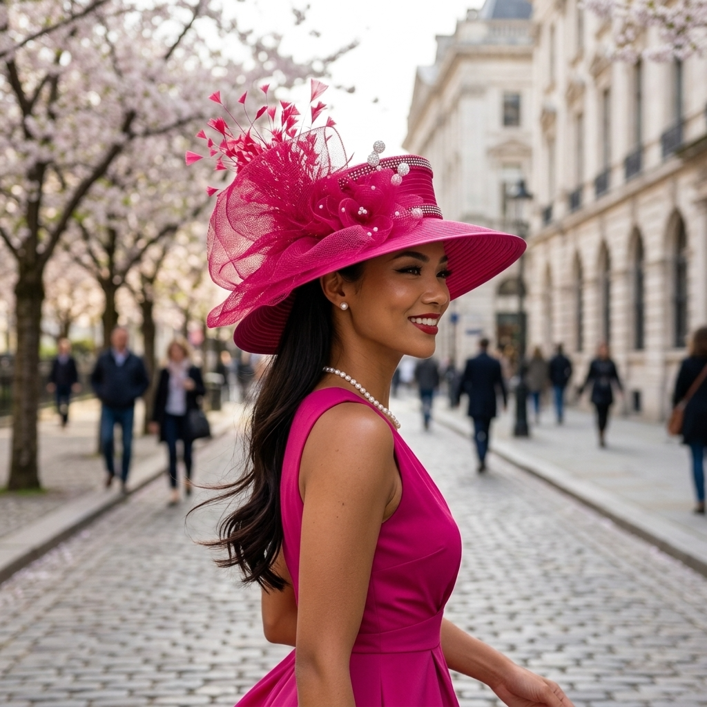 Satin Sailor Hat with Mesh Crinoline Bow - Fuchsia