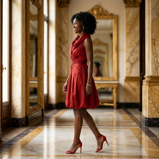 Woman in a red dress standing in an elegant interior setting