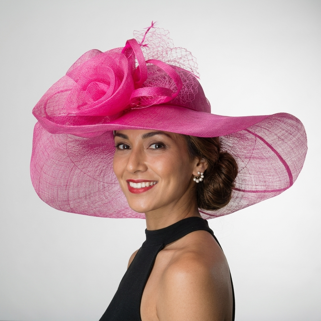 Fuchsia Wide Brim Sinamay Hat with Floral Loop