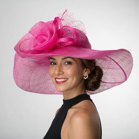 Fuchsia Wide Brim Sinamay Hat with Floral Loop