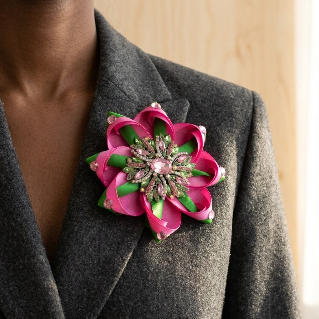 Pink &amp; Green Satin Flower Corsage Brooch Pin