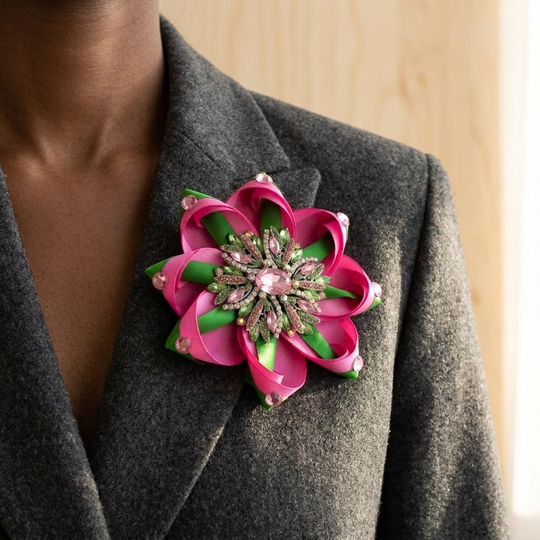 Pink &amp; Green Satin Flower Corsage Brooch Pin