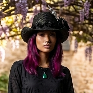 Woman in a black dress and hat standing in an alleyway with plants and stone walls.