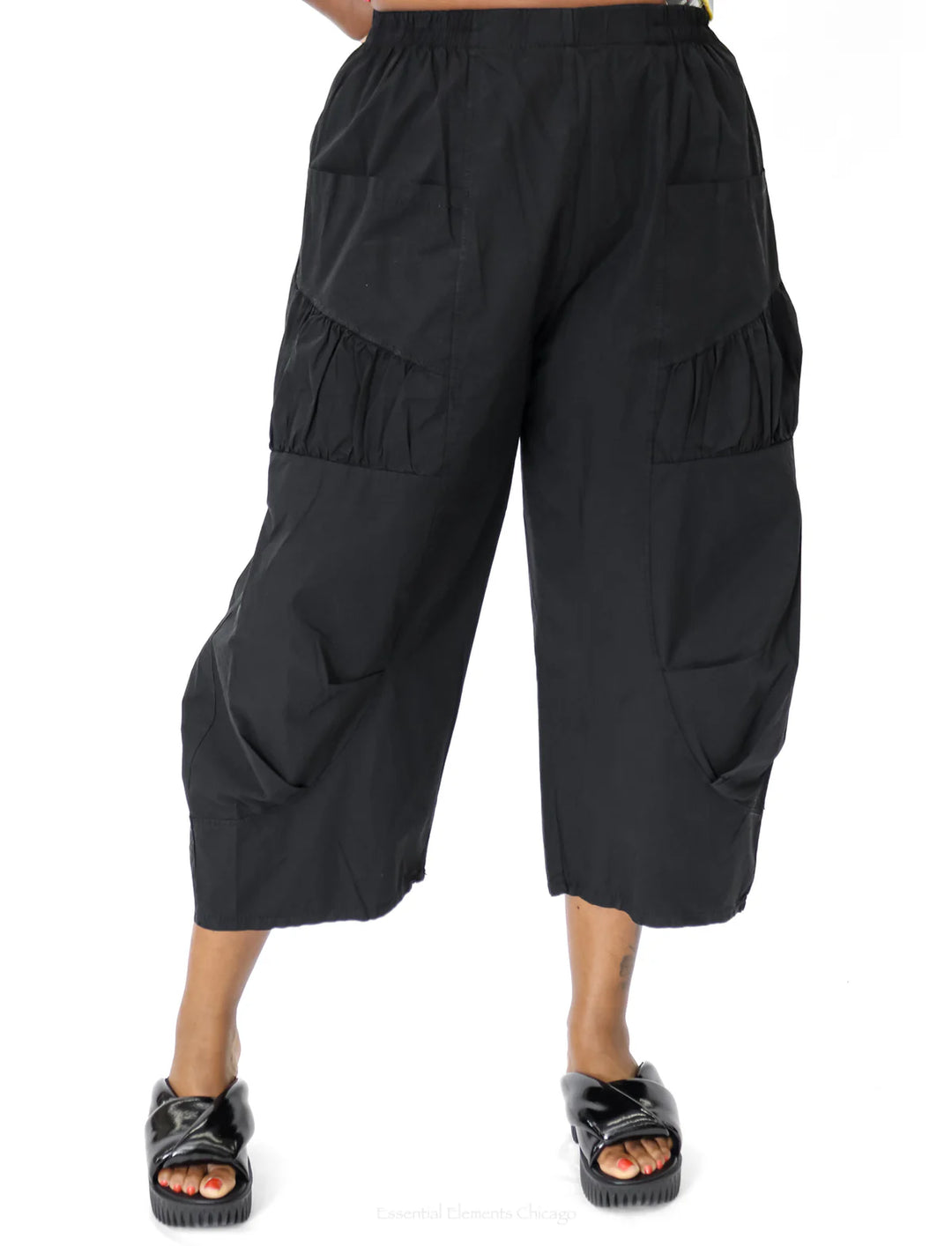 T by Transparente Black Shirred Wide-Leg Pants – Cotton