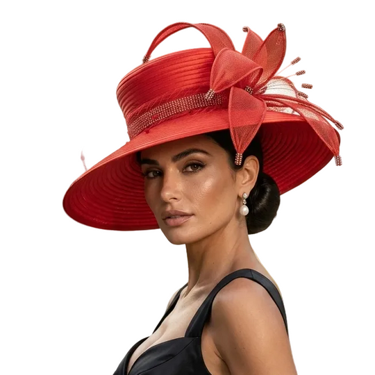 A woman in a black dress and a large red fascinator hat stands in front of an arched stone doorway with garden plants and a car in the background.