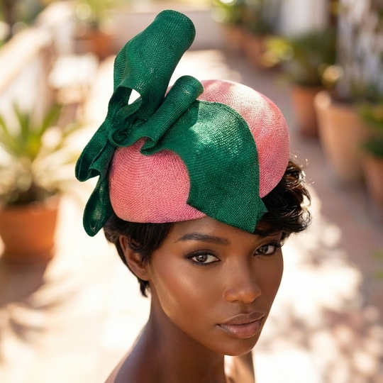 Woman wearing a pink and green headpiece with plants in the background