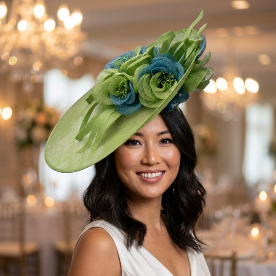 Tocado de flor de sinamay en dos tonos: azul lima