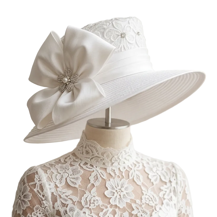 A white wide-brimmed sun hat with a large decorative bow and jeweled center, displayed on a cream lace dress form against a soft cream curtain background.
