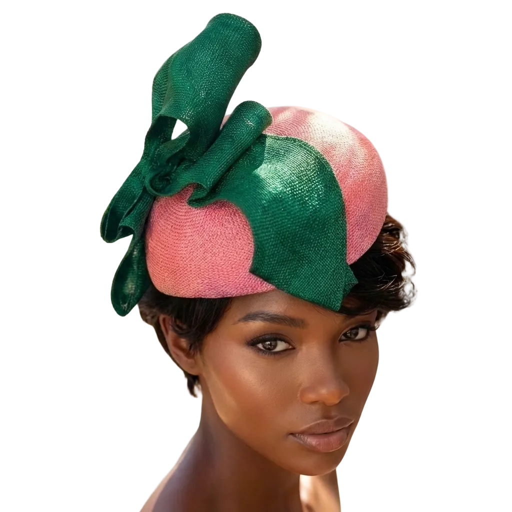 Woman wearing a pink and green headpiece with plants in the background
