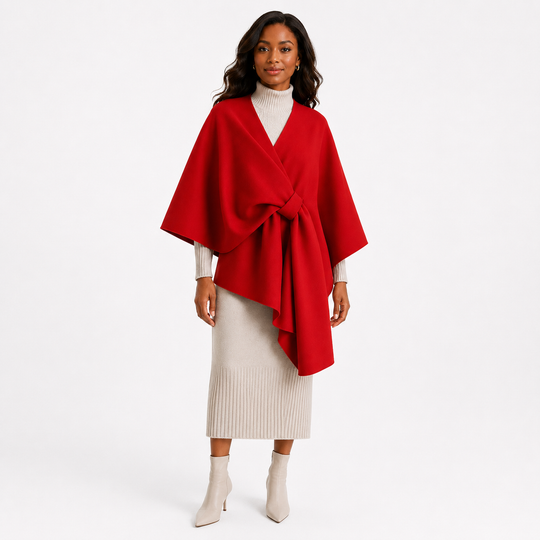 Italian Large Poncho with Knot Closure – Red