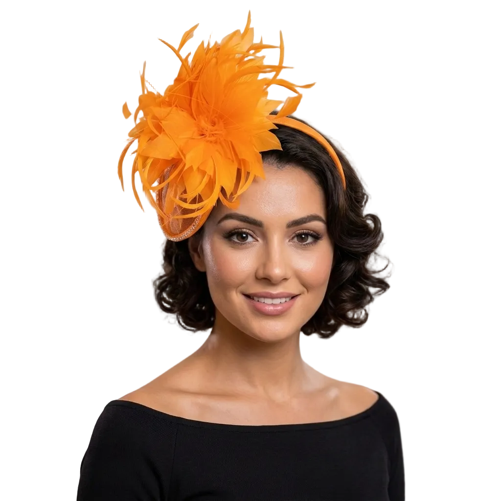 Woman wearing an orange feathered headpiece in a blurred indoor setting