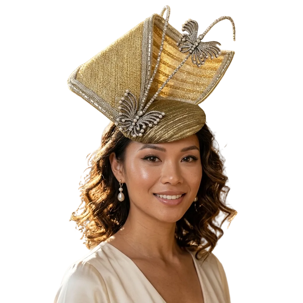 Woman wearing a decorative gold hat with butterfly embellishments in an elegant indoor setting.
