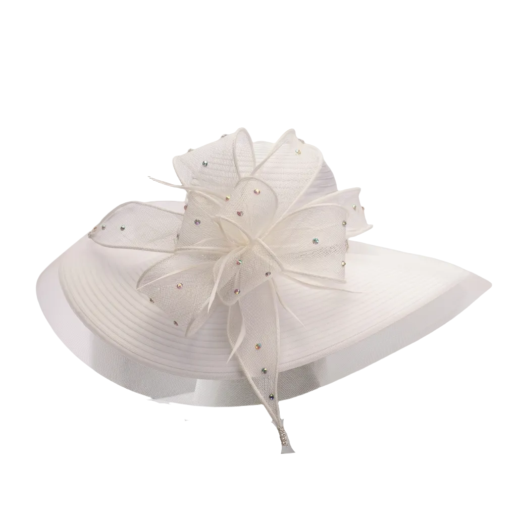 White decorative hat with a bow on a white stand against a light gray background