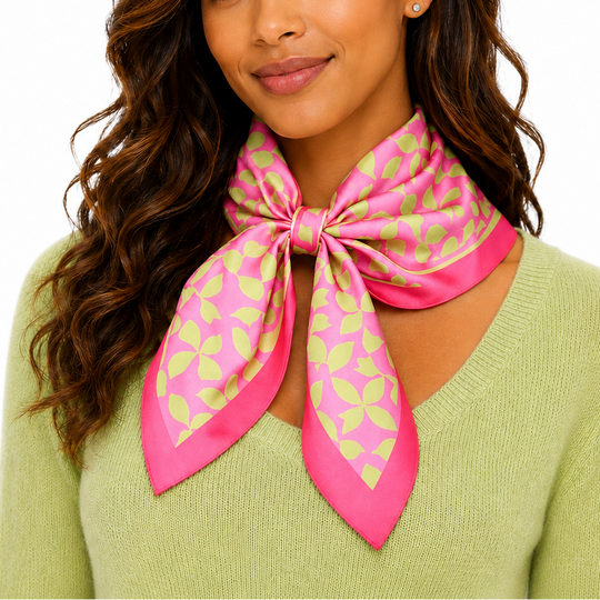 Woman wearing a pink and green patterned scarf on a white background