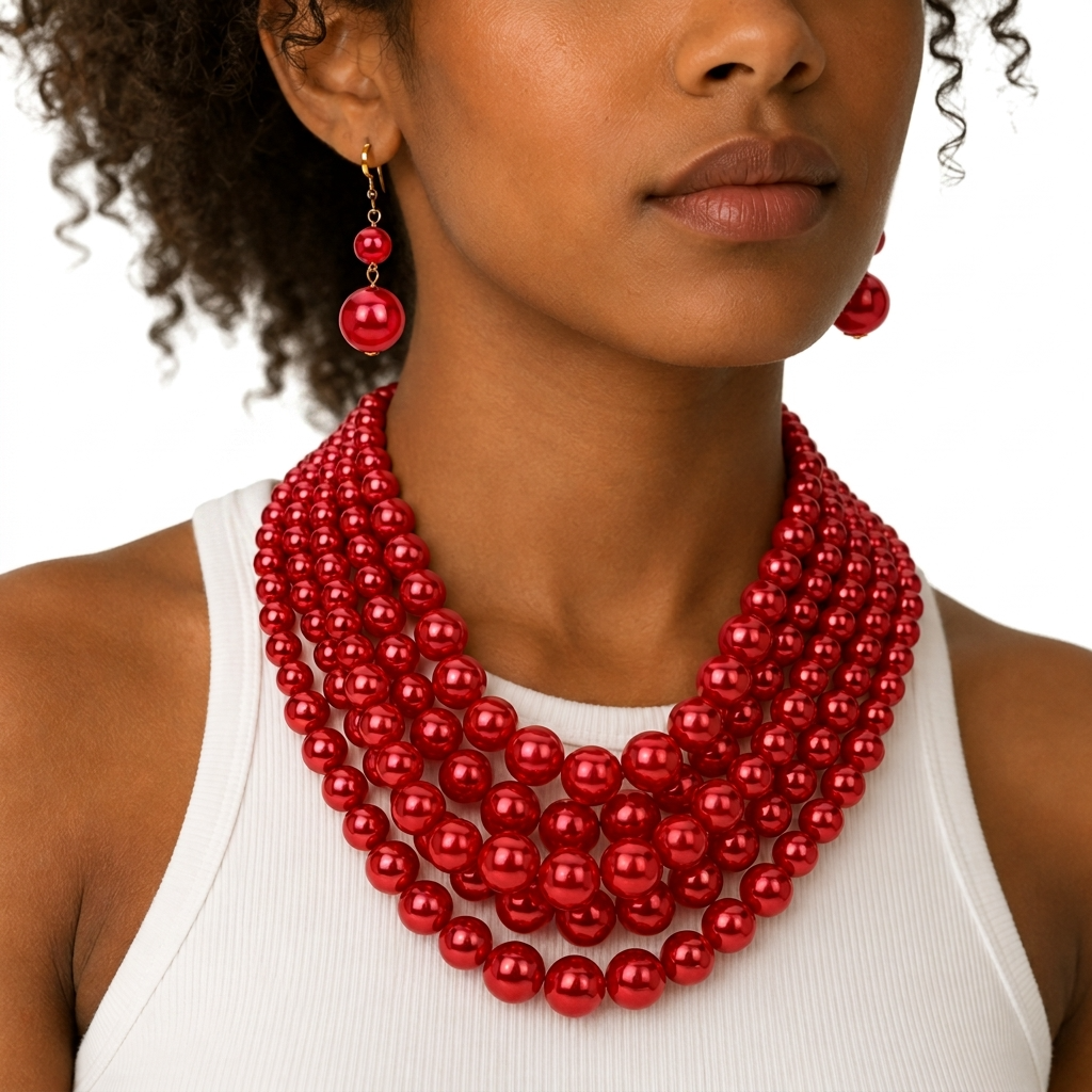 Woman wearing a red pearl necklace and earrings on a white background