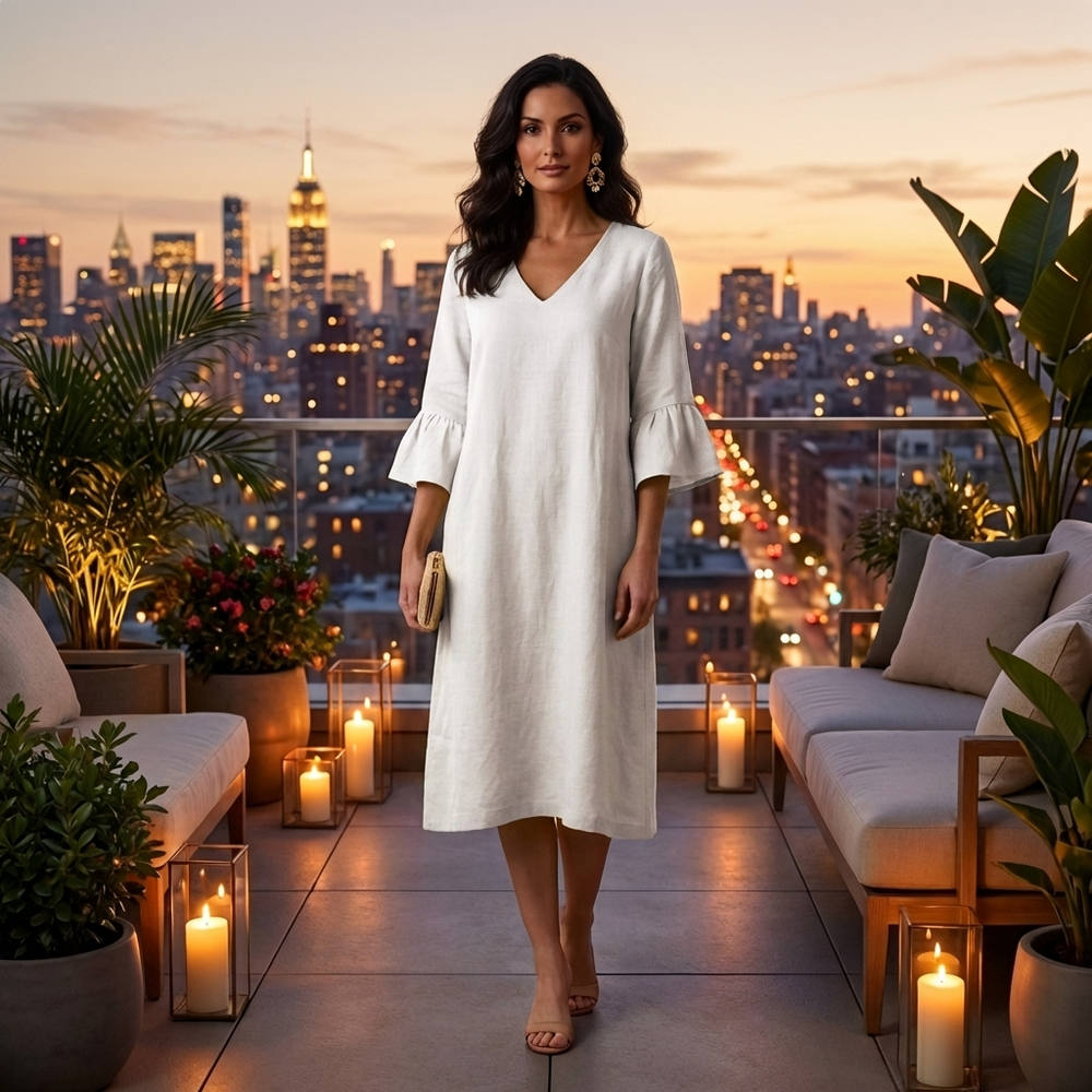 Woman in a white dress standing on a rooftop with city skyline and evening lights.