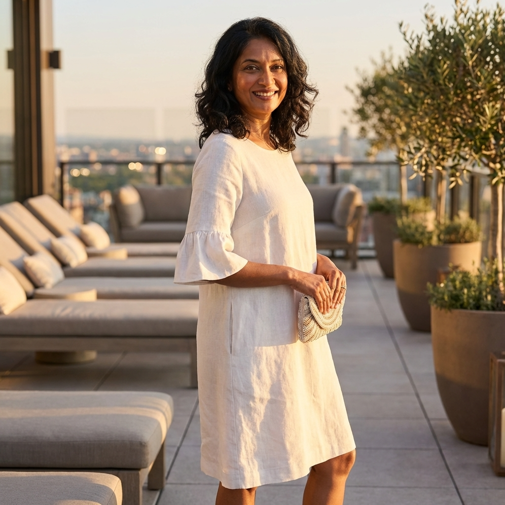 Woman in a white dress standing on a rooftop terrace with lounge chairs and plants.