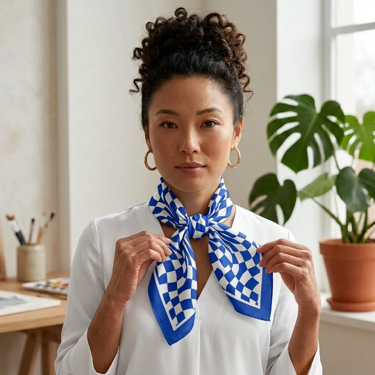 A woman wearing a white blouse and gold hoop earrings models a blue and white checkered silk scarf tied around her neck, set against a softly lit indoor background with a potted plant.