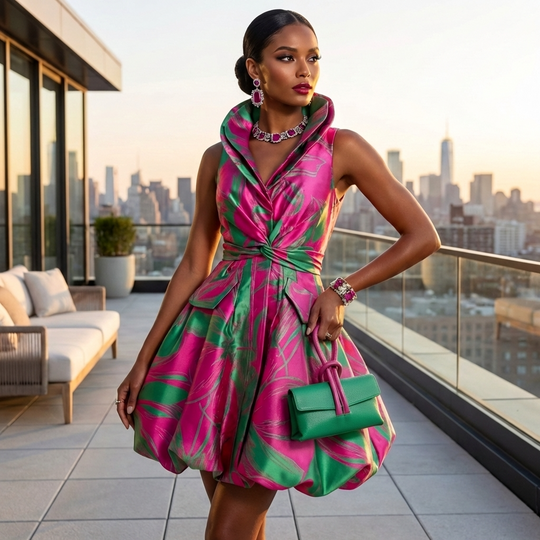 Vestido clásico de brocado jacquard con burbujas - PG