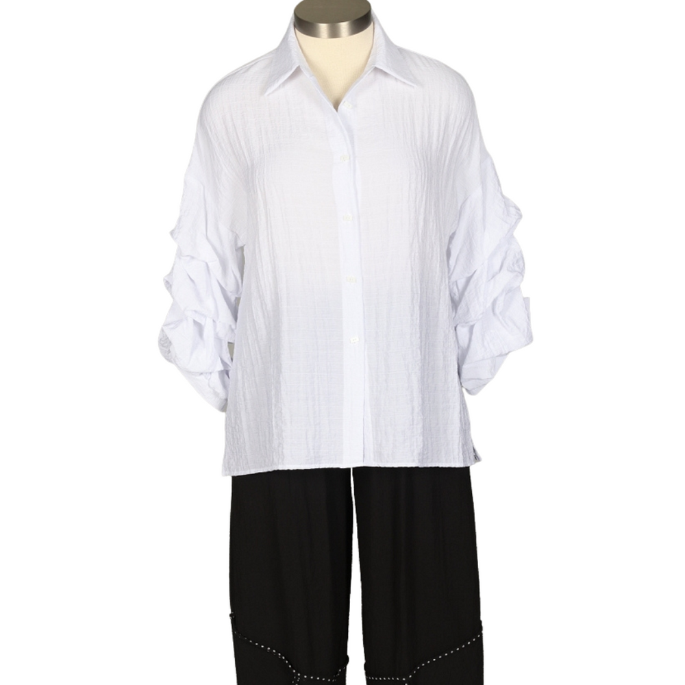 Ruffle Sleeve Button Front Blouse
Perfect for travels near and far, this blouse has a softly crinkled texture with a button front and a classic pointed collar. A flattering A-line design with side slits at the hemline, the three quarter sleeves impress with three tiers of ruffle and a banded cuff. 78% rayon, 22% nylon machine wash cold, tumble dry low made in USA medium measures 44" bust, 29" length XXL measures 50" bust, 30" length style #2403
Ruffle Sleeve Button Front Blouse
Perfect for travels near and