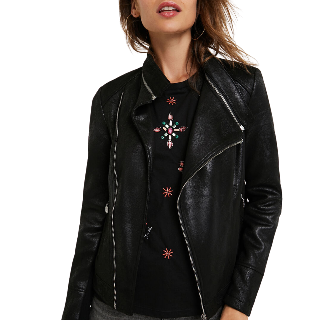 Slim Biker Jacket w/ Embroidery - Black
Slim Biker Jacket w/ Embroidery - Black Applied harmoniously, the embroideries of paisley tears provide a touch of subtle elegance to the back, the waist and the V-neck with lapels of this slim biker type jacket with crossed zip fastener. Its leather effect fabric shows a worn effect which is pure attitude. V-neck crossed with lapels Zip fastener Two pockets with zipper Multicolour floral print on inner lining Embroidery of matching mandalas High collar removable with