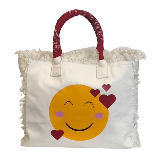 LOVE Emoji Shoulder Tote - Bandana - White
We have improved this best-selling bag! Now larger and roomier it's a shoulder tote and fully lined too! Fringe Bag Perfect everyday bag! - "LOVE Emoji Bag" Fully lined canvas tote with soft-support bottom and bandana covered handles. Inside bag has 1 convenient inside zippered pockets and 2 insert pockets. Bag handles are at 7.5" drop and fits comfortably around the shoulder. Dimensions: 12"X14"X6.5" Made in USA
LOVE Emoji Shoulder Tote - Bandana - White
LOVE Emoj