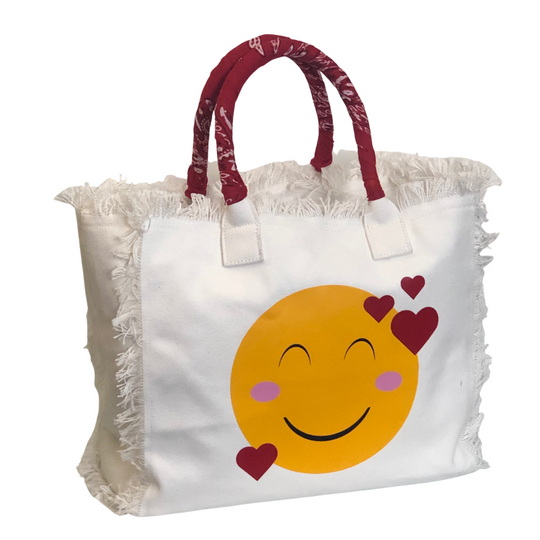 LOVE Emoji Shoulder Tote - Bandana - White
We have improved this best-selling bag! Now larger and roomier it's a shoulder tote and fully lined too! Fringe Bag Perfect everyday bag! - "LOVE Emoji Bag" Fully lined canvas tote with soft-support bottom and bandana covered handles. Inside bag has 1 convenient inside zippered pockets and 2 insert pockets. Bag handles are at 7.5" drop and fits comfortably around the shoulder. Dimensions: 12"X14"X6.5" Made in USA
LOVE Emoji Shoulder Tote - Bandana - White
LOVE Emoj