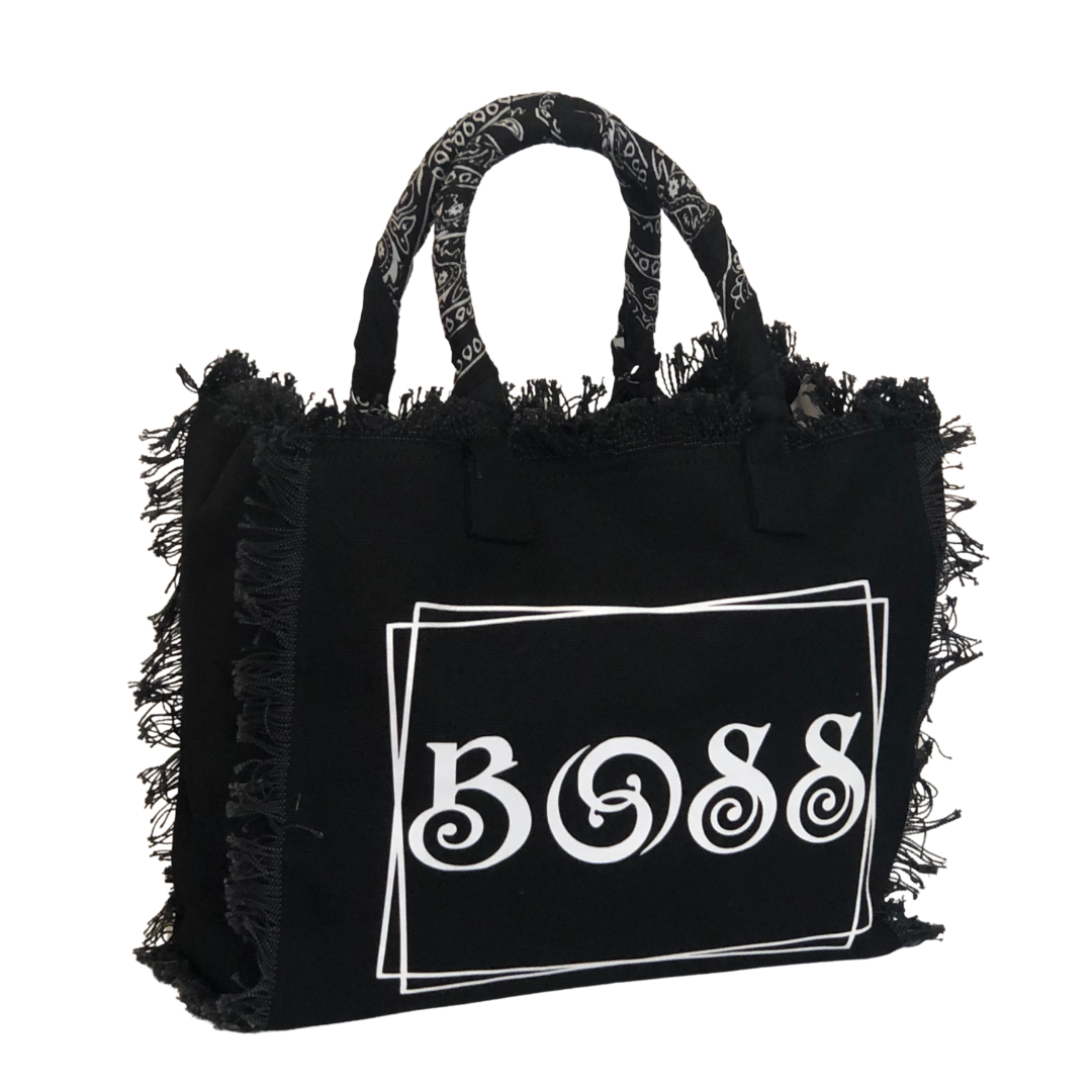 BOSS Shoulder Tote - Bandana - Black/White
We have improved this best-selling bag! Now larger and roomier it's a shoulder tote and fully lined too! Fringe Bag Perfect everyday bag! - "BOSS" Fully lined canvas tote with soft-support bottom and bandana covered handles. Inside bag has 1 convenient inside zippered pockets and 2 insert pockets. Bag handles are at 7.5" drop and fits comfortably around the shoulder. Dimensions: 12"X14"X6.5" Made in USA
BOSS Shoulder Tote - Bandana - Black/White
"LOVE" Fully lined