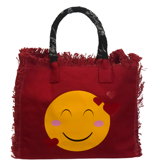 LOVE Emoji Shoulder Tote - Bandana - Red
We have improved this best-selling bag! Now larger and roomier it's a shoulder tote and fully lined too! Fringe Bag Perfect everyday bag! - "You Are About to Exceed My Medication" Fully lined canvas tote with soft-support bottom and bandana covered handles. Inside bag has 1 convenient inside zippered pockets and 2 insert pockets. Bag handles are at 7.5" drop and fits comfortably around the shoulder. Dimensions: 12"X14"X6.5" Made in USA
LOVE Emoji Shoulder Tote - Band